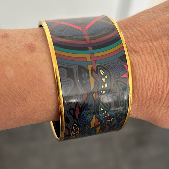 HERMÈS Palladium Du Vent Multicolor Paisley Gold tone trim Wide Bangle Bracelet - Picture 4 of 6